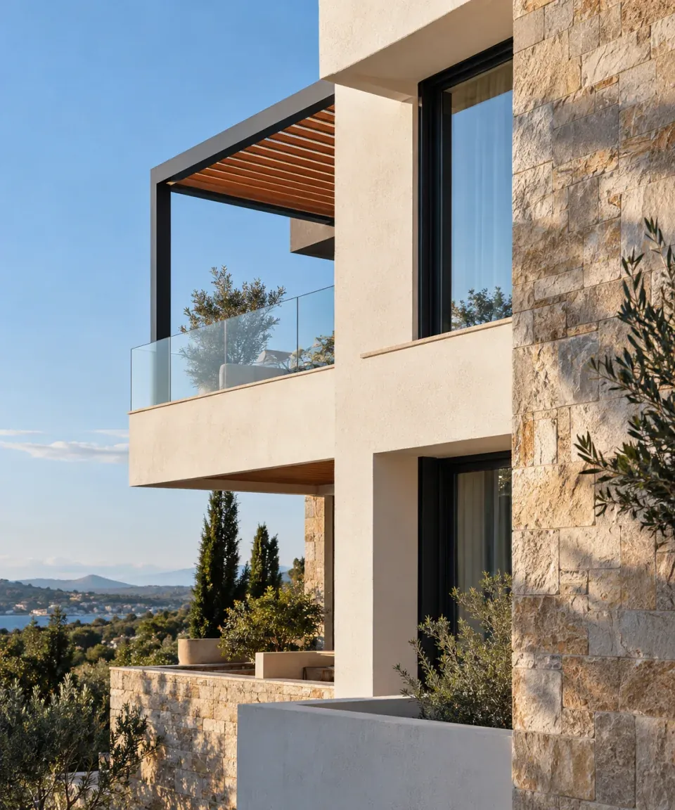 Illustrative architectural image showing stone, glass and shading details on a modern residential façade